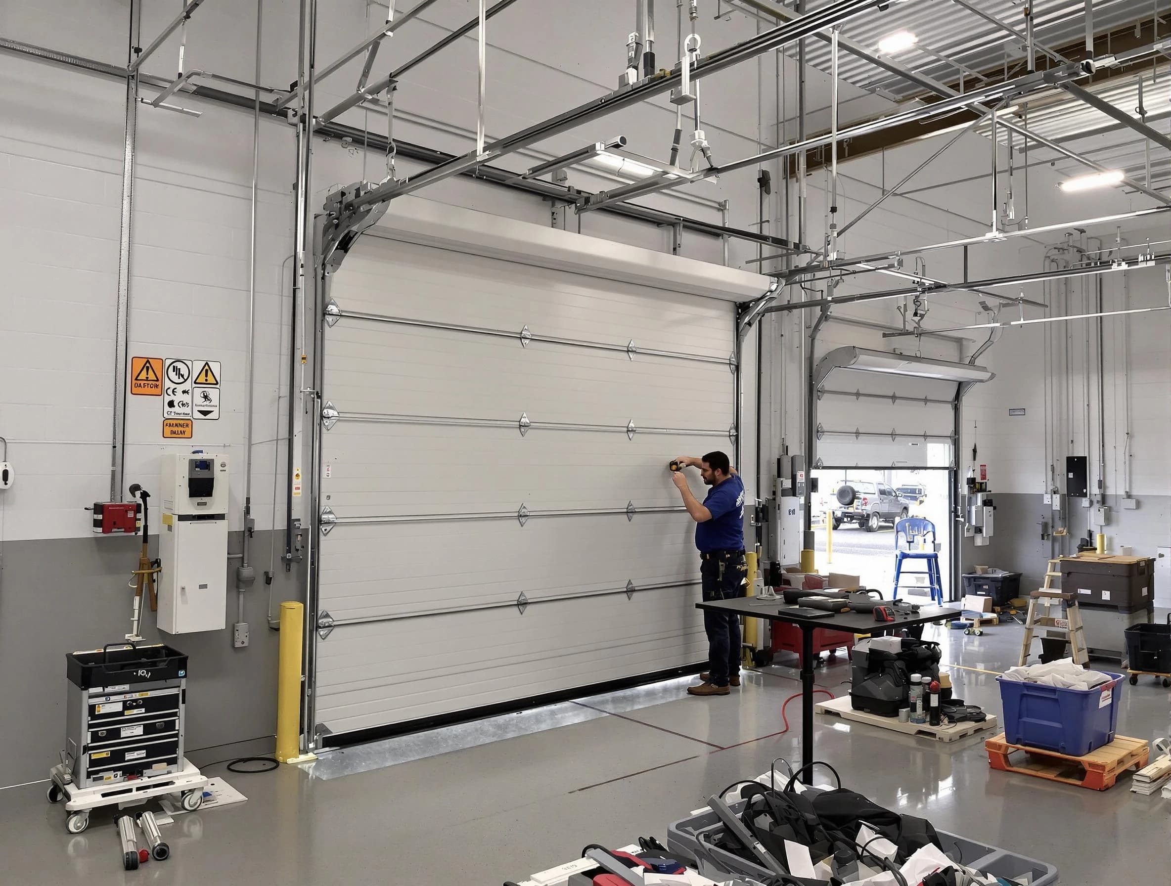 Commercial garage door repair being performed by McLoud Garage Door Repair expert in McLoud