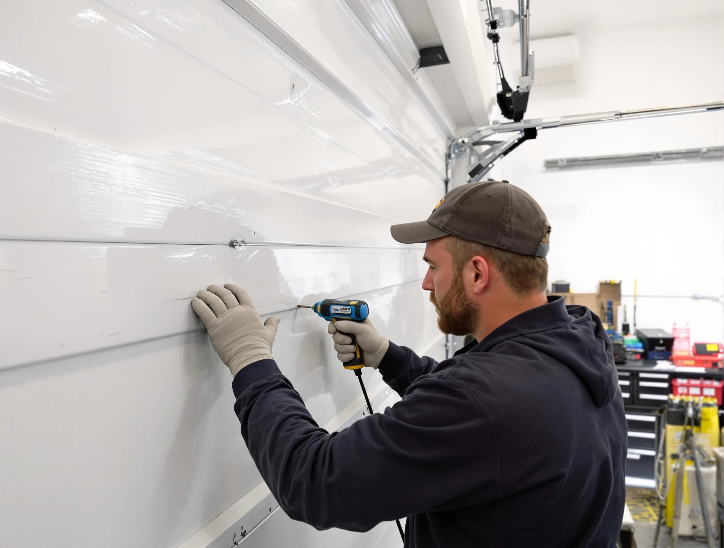 McLoud Garage Door Repair technician demonstrating precision dent removal techniques on a McLoud garage door