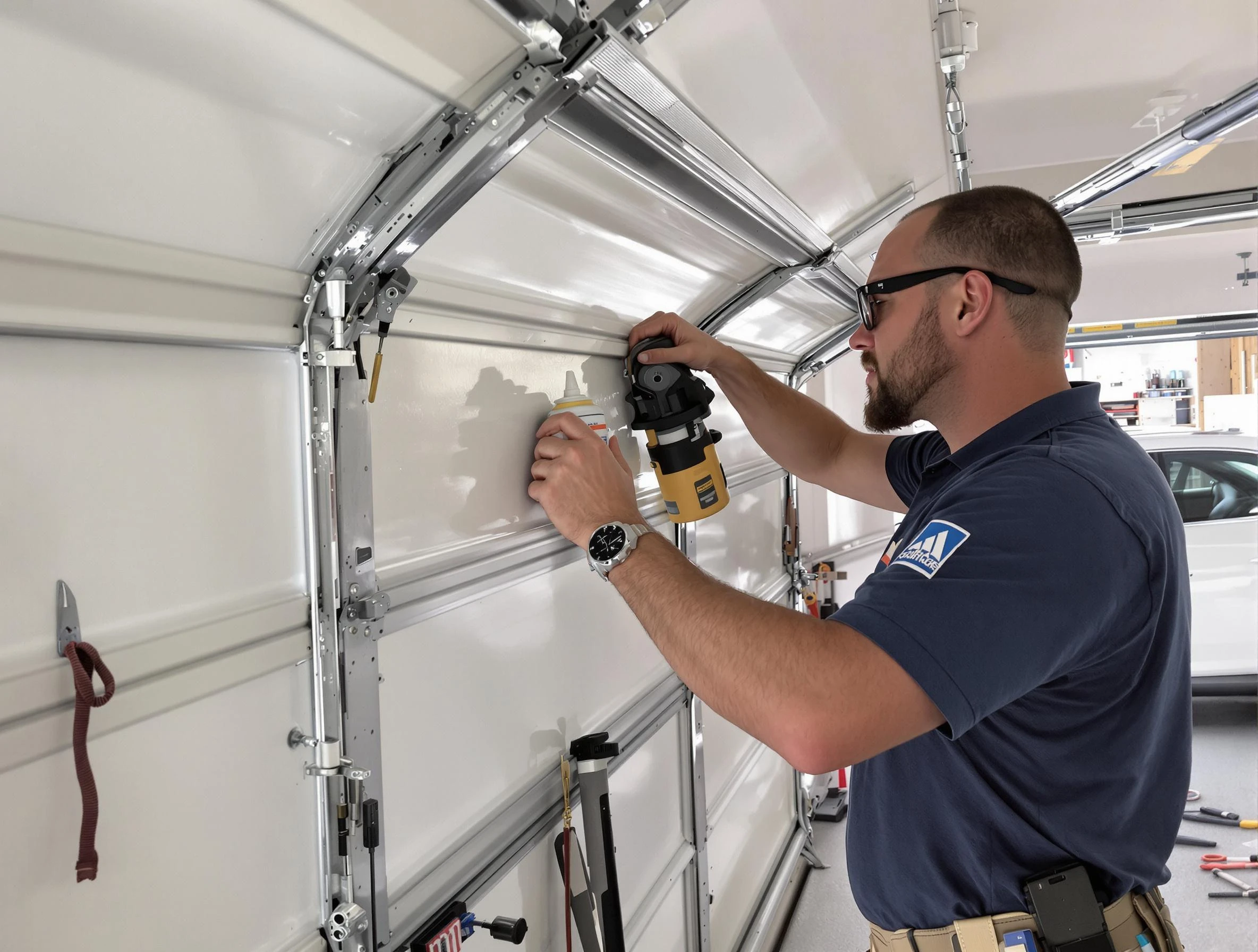 McLoud Garage Door Repair technician quieting a noisy garage door in McLoud